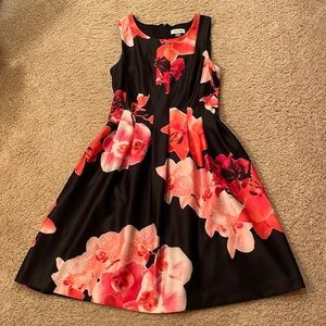 Calvin Klein Black and Pink Floral Sleeveless Fit & Flare Dress - Size 6